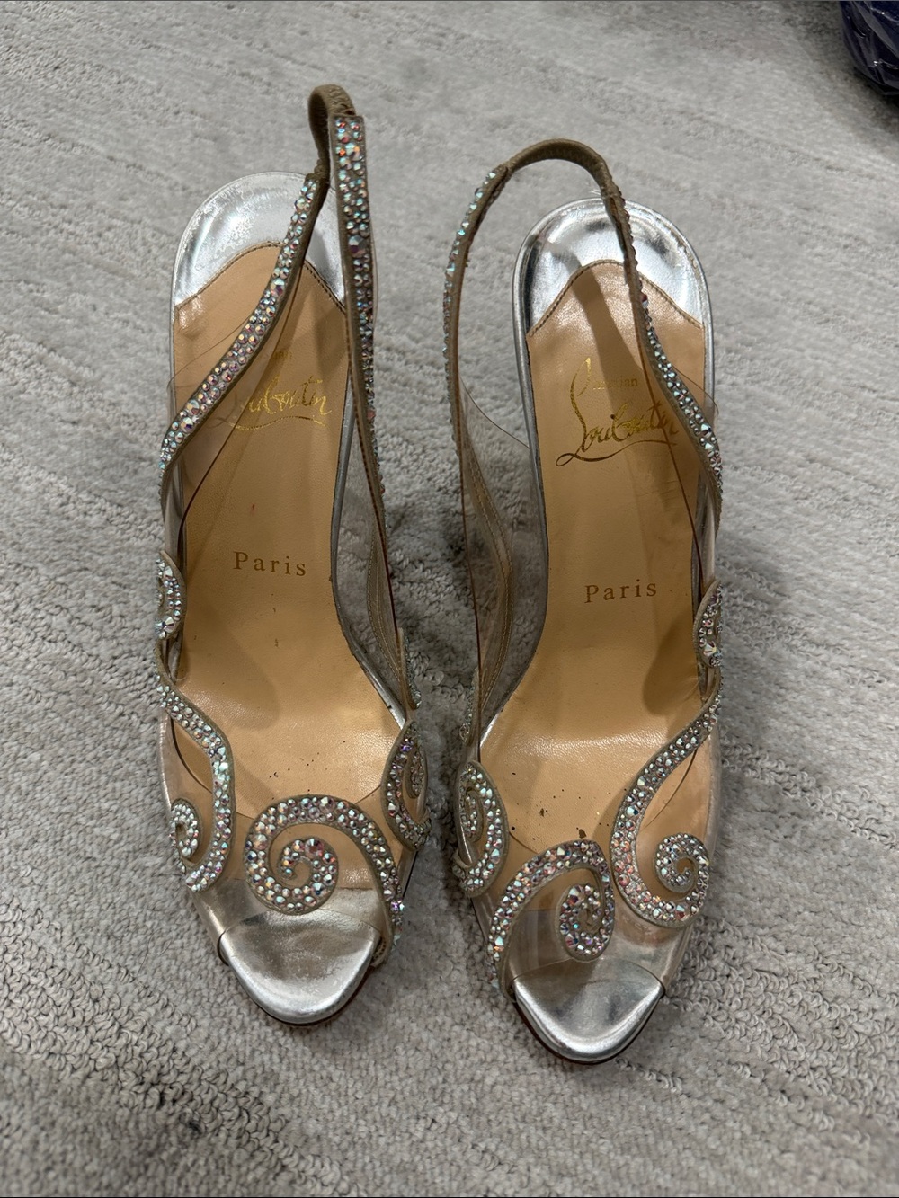 Christian Louboutin Silver Crystal Swirl Slingback Heels